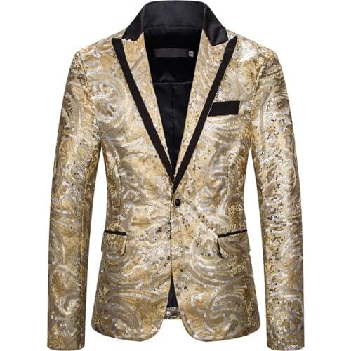 High Quality Gold Sequins Blazers For Men Groom Wedding Dress 2021 Nightclub Mens Clothing Men Slim Suit Jacket Fit Fashion