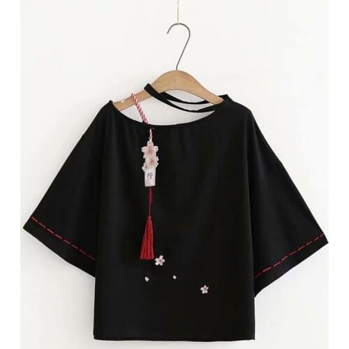 Japanese Women Lolita T-shirt Short Sleeve Sweet Sakura Tassel Embroidery T-shirt women Harajuku Tops
