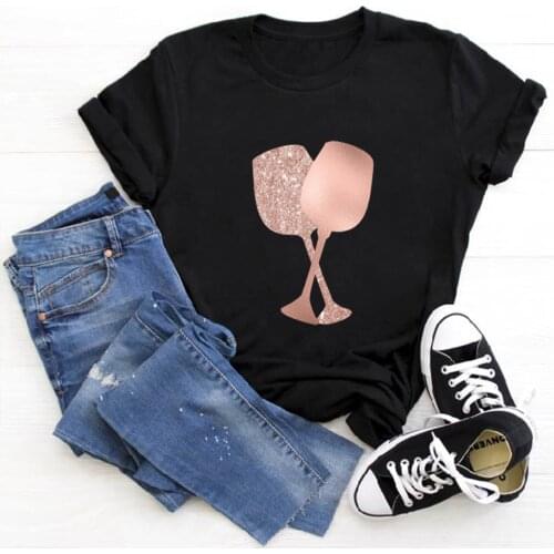Fashion Brand Womens T-Shirts Clothing Tees Rose Gold Girly Wine Glasses Print Hip Hop Tshirt Women Ladies Casual T-Shirt Mujer