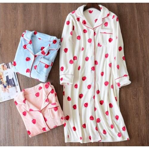 Winter Striped Women Sleepshirts Cotton Strawberry Warm Fresh Simple Nightgowns Sleepwear Nightdress Nightwear