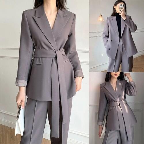 Custom Made Women Suits Fashion Elegant Peaked Lapel Lace Up Blazer Office Lady Smart Casual Daily Jacket 2 Pieces Set