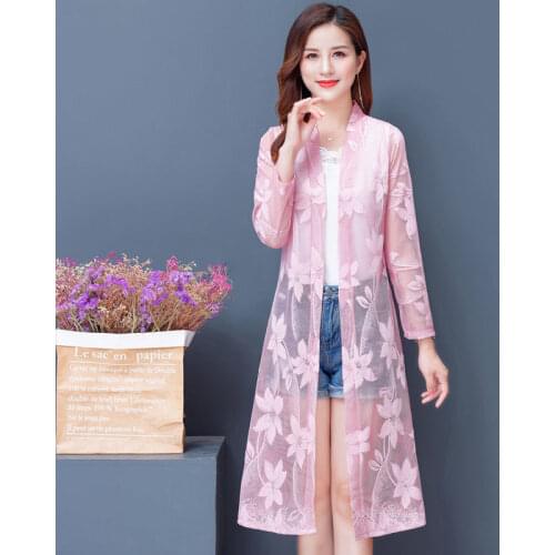 4XL Plus Size Summer Lace Cardigan Women Long Sunscreen Jacket Casual Pink Black Red White Thin Long-sleeve Women Coat X105