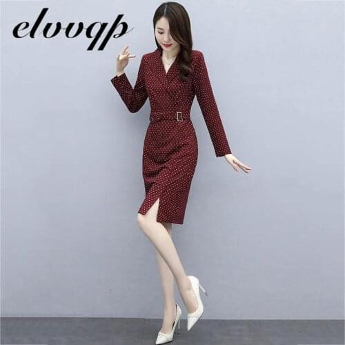 Plus Size 4XL Dress Women Elegant Fashion Office Lady Work Wear Stylish Party Dot Print Belt Midi Notched Bodycon Formal Dress