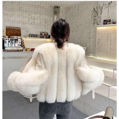 White Furry Faux Fur Women Overcoat Fashion Faux Fur Leather Patchwork Jacket Short High Quality Fake Fox Fur Coat Crop Outfits
