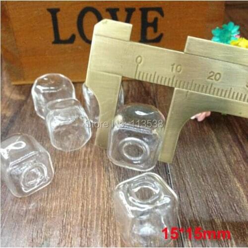 2016 wholesale 100pcs/lot 15X15mm clear square cube glass globes handblown Glass bottle empty vial pendant diy jewelry findings