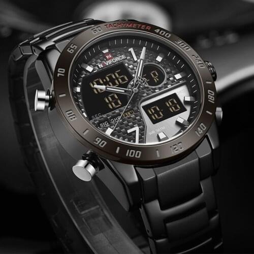 NAVIFORCE Business Men’s Watches Fashion Steel Strap Waterproof Luminous Led Digital Dual Time Chronograph Alarm Clock Watch Men