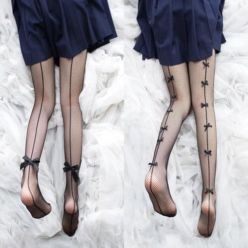 Womens Tights Sexy One Line Design Bow Fishnet Stockings Ladies Backside Line Tattoo Pantyhose Female Fishnets Hosiery