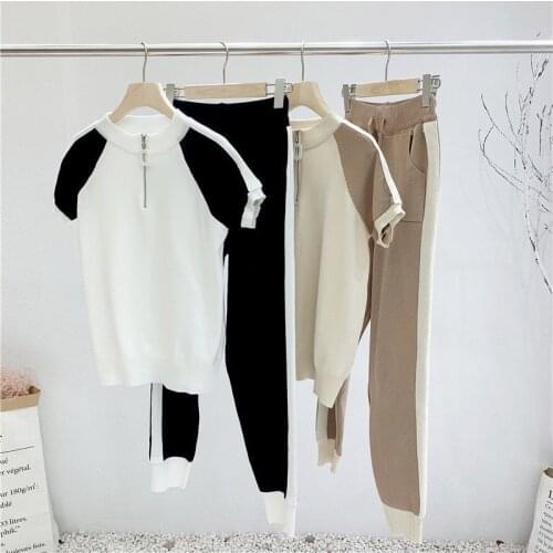 Summer Contrast Color Short Sleeve Knitted Tracksuit Women Zipper Pullover T-Shirt Harem Pants Casual Patchwork Two-Piece Suit
