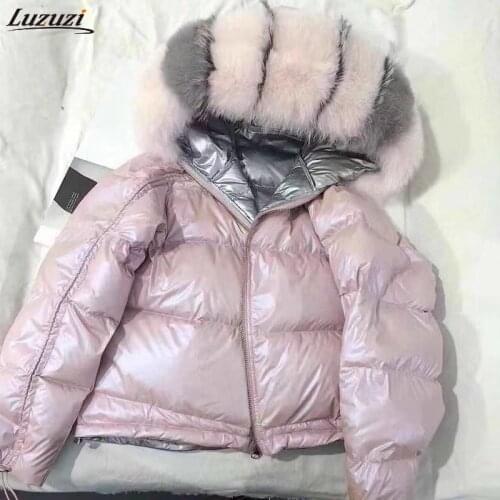 Luzuzi Natural Fox Fur Collar 2020 Winter Jacket Women Loose Short Down Coat White Duck Down Jacket Thick Warm Down Parka