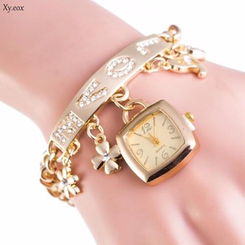 Fashion Womens Chic Love Crystal Rhinestone Chain Bracelet Wrist Watch Gift