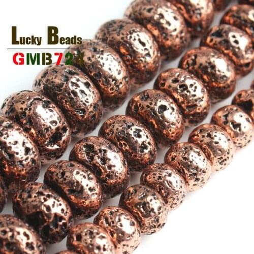 Natural Flat Shape Volcanic Lava Stone Beads Round Cooper Loose Beads For Jewelry Making DIY Bracelet Accessories 15'' 6/8/10mm