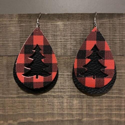 New! New! Hollow Christmas Tree Glitter Double Layers Faux Leather Earrings Fashion Plaid Pattern Teardrop Earrings Gifts Custom
