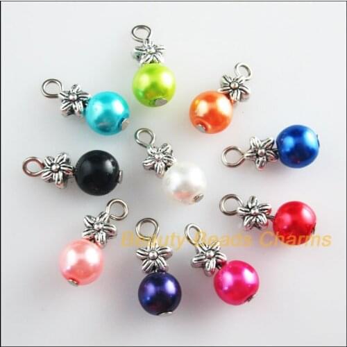 New 20Pcs Star Tibetan Silver Color Mixed Round Glass Beads Charms Pendants 8x18mm