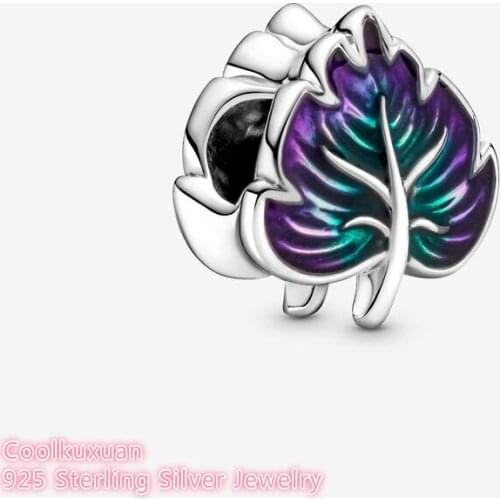 2021 Autumn Original 100% 925 Sterling Silver Purple & Green Leaf Charm beads Fits Pandora bracelets Jewelry Making