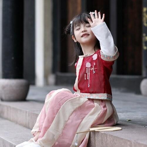 Autumn Girls Chinese National Style Sets Embroidery T-Shirt Skirt 2PCS Suit Children Traditional Tang Dynasty Girl Retro Clothes