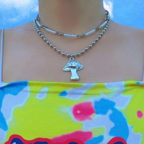 90s Aesthetic Pearl Pin Mushroom Necklace For Women Y2K Jewelry INS Vintage Harajuku Necklace Egirl Fashion Vintage Friends Gift