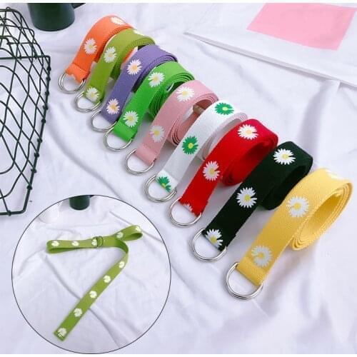 Daisy Printed Waist Belt Pant Decorative Accessory Women Girls Fashion Candy Color Adjustable Double Ring Buckle Canvas Belt