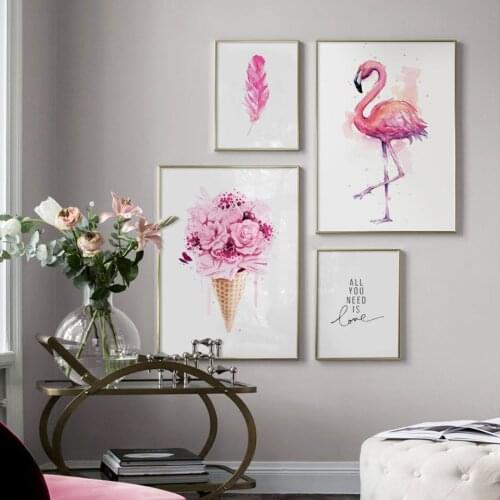 Pink Flamingo Flower Ice Cream Love Quote Wall Art Canvas Painting Nordic Posters And Prints Wall Pictures For Living Room Decor