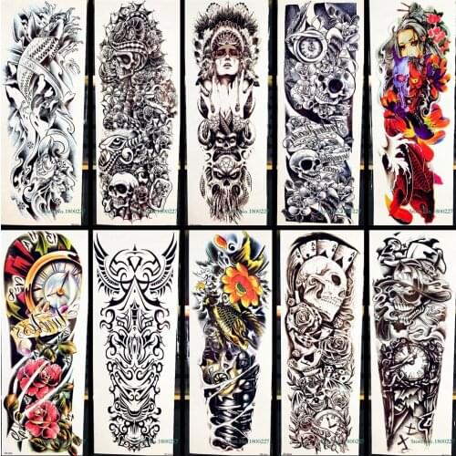 Full Arm Body Art Temporary Tattoo Sticker Tribal Warrior Skull Totem For Men Women Fake Machine Fish Waterproof Tattoo Stickers
