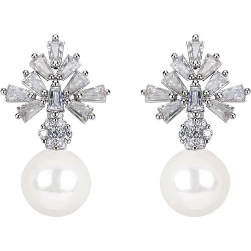TIRIM Trendy Pearl Snowflake Dangle Drop Earrings with Cubic Zirconia Luxury Shining For Women Bridal Prom Original Design