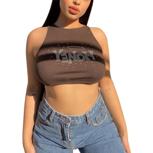 Womens Casual Tank Tops Shiny Rhinestone Sleeveless Crew Neck Slim Fit Crop Tops