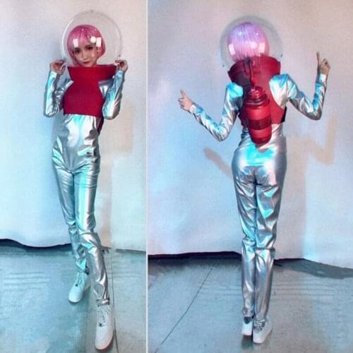 Holiday Party Transparent helmet silver Lady stage jumpsuit set DJ GOGO Dance Dress Party Performance Wears DS Costume stagewear