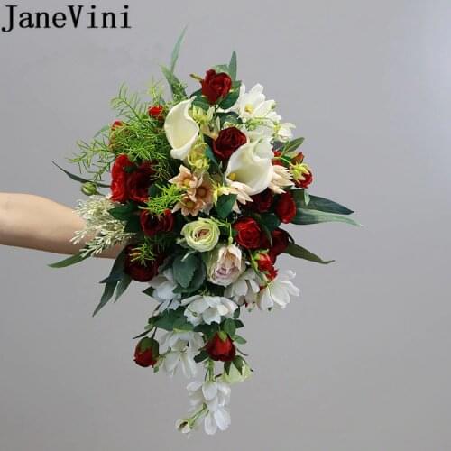 JaneVini 2020 Red Waterfall Wedding Bouquet Vintage Pink White Bridal Bouquet Roses Artificial Water Drop Bride Flowers Bouquets