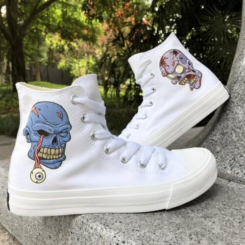 Wen Original Design Zombie Skull Monster Eyeball Eyes Unisex Flat Soled Sport Shoes White High Top Black Canvas Sneaker for Male