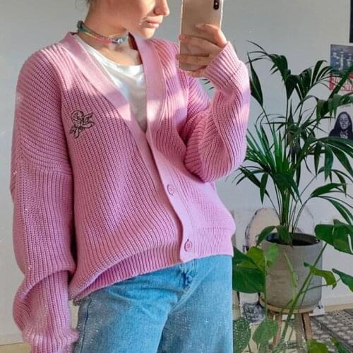 Women Long Sleeve Cardigan Harajuku Angel Letter Embroidery Pink Sweater Coat Ribbed Knit Buttons Oversized Jacket