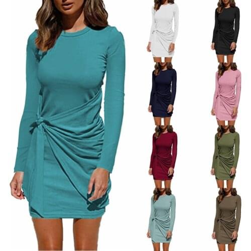 2021 European and American womens hot-selling autumn and winter new style knotted long-sleeved dress womens formal dresses