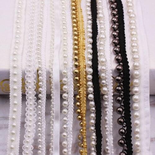 1yard White/Black/Gold Vintage Pearl Beaded Lace Trimming Tape DIY Lace Fabric Ribbon for Wedding Garment Headdress Accesories