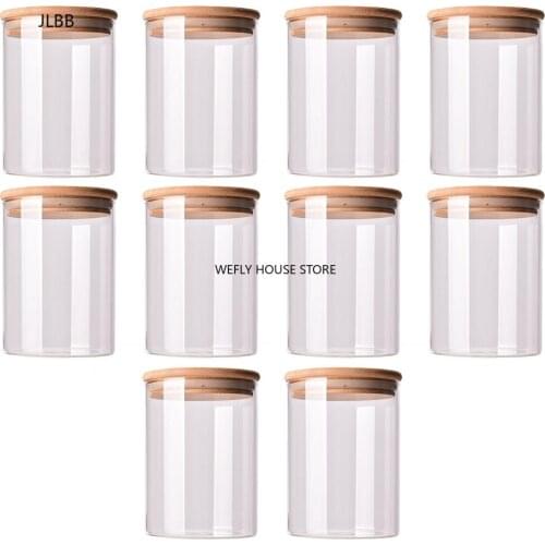 10pcs Durable Glass Sealed Can Food Storage Tank Bamboo Lid Tea Canister Glass Reusable Jar Tank Can for Grain Candy