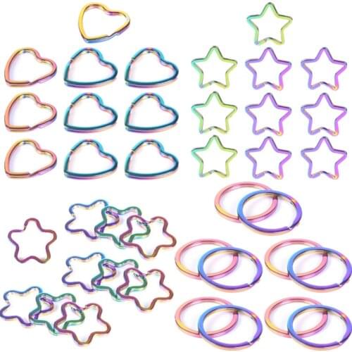 10pcs Rainbow Split Ring Heart Star Keychains Metal Key Chain Ring Split Rings Unisex Keyring Keyfob Accessories DIY