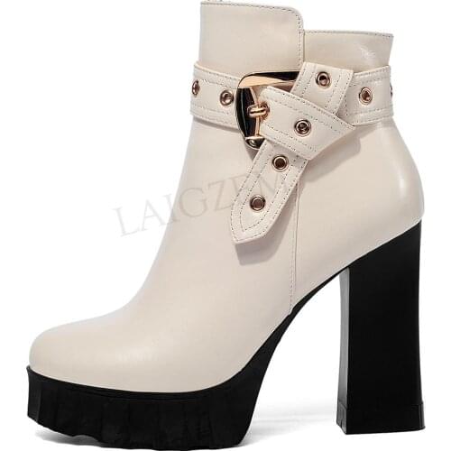 LAIGZEM Top Quality Women Ankle Boots Buckle Straps Chunky High Heels Leather Platform Boots Waterproof Shoes Ladies Zip 34 39
