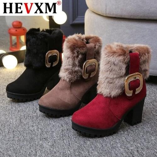 Warm Fur Snow Boots Women Classic Buckle Ladies Boots High Heels Black Platform Ankle Boots Square Heel Winter Women Shoes