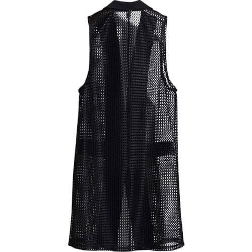 Black Hollow Vest Jacket Sleeveless Outerwear 2021 Summer Korean Suit Lapel Loose Plus Size 4XL Ladies Cardigan Long Casual Tops