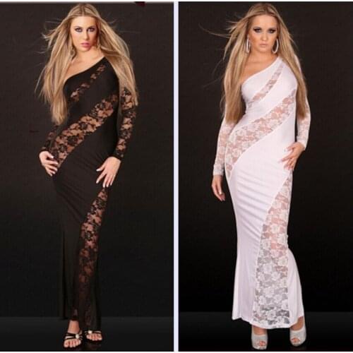 Celebrity Long Evening Gown One-Shoulder Lace Perspective Ankle-Length Dress Sheath Party Sexy Dress vestidos femininos AB376