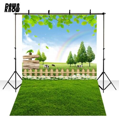 DAWNKNOW Green Leaf Cow Photography Background Photocall Lawn Rainbow Photo Shoot Wedding Backdrops Children Photo Studio lv1374