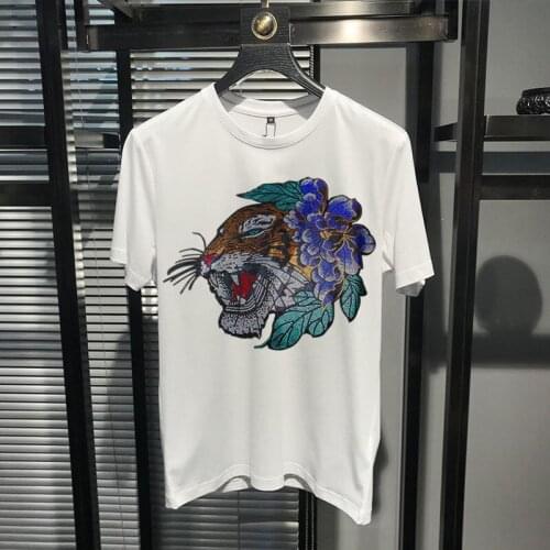 High Quality Summer Hot Diamond Crystal Big Lion Fashion Brand Mens T-Shirt Round Neck Bottoming Tiger Short Sleeves