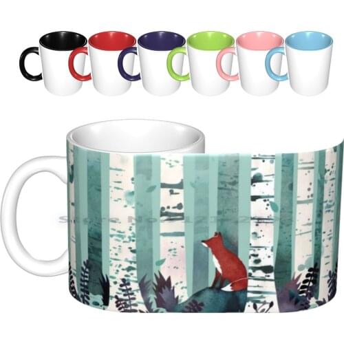 The Birches Ceramic Mugs Coffee Cups Milk Tea Mug Fox Birch Forest Woods Nature Red Green Blue Watercolor Watercolour Quiet