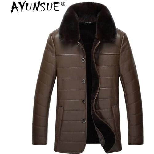 AYUNSUE Genuine Leather Jacket Men Autumn Winter Sheepskin Leather Coat Wool Lining Real Mink Fur Collar Slim 4J8889 KJ2443