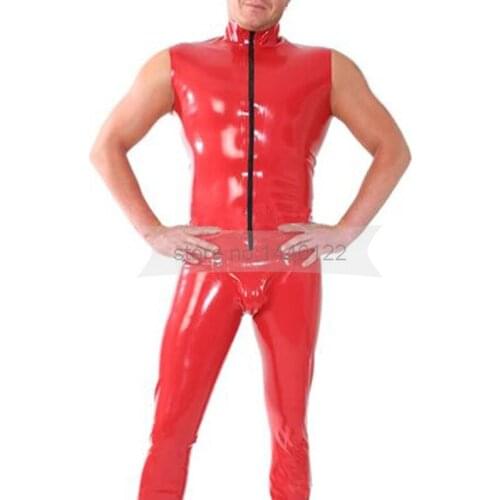 Sleeveless Male Rubber Latex Bodysuit Handmade Latex Garment with Front Zip and Crotch Cover BNLCM010