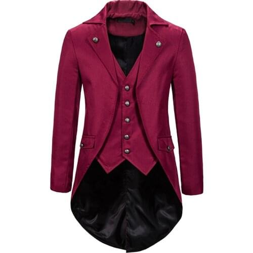 Mens Red Steampunk Tailcoat Jacket Gothic Victorian Tailcoat Blazer Men Party Cosplay Prom Costumes Stage Singer Tuxedo Blazers