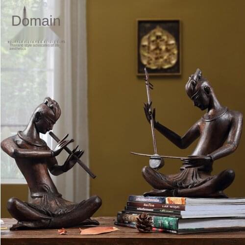 Wood Carving Music Doll Decoration Southeast Asian Style Teak Music Figurines Home Indoor Hallway Decorations