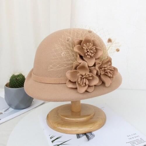 Solid Hat Women Warm Wool Felt Flower Mesh Flower Hat Ladies Wide Brim Hat Autumn Winter Elegant Girls Fashion Caps