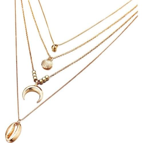 Vintage Gold Color Multi-layer Shell Shaped Metal Pendent Necklace for Women Girls Boho Charm Moon Shell Necklace Collar Mujer