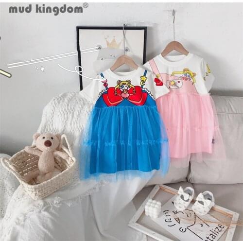 Mudkingdom Girls Cartoon Dress Print Bow Patchwork Mesh Ball Gown Summer Princess Dresses for Toddler Casual Children Clothing