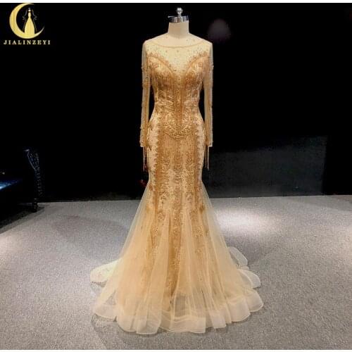 Rhine real Pictures Long Sleeves Champagne Beads Crystal Mermaid Sexy Luxurious back arabic evening dresses long