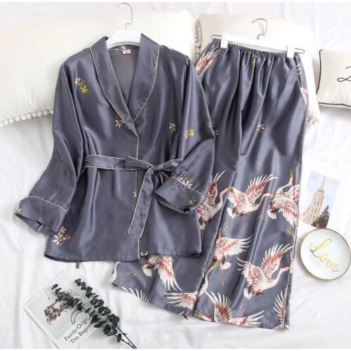 Gray Print Crane 2PCS Pajamas Sets Sexy Women Sleep Suit Sleepwear Underwear Nightwear 2020 Spring Autumn Home Clothes Pyjamas