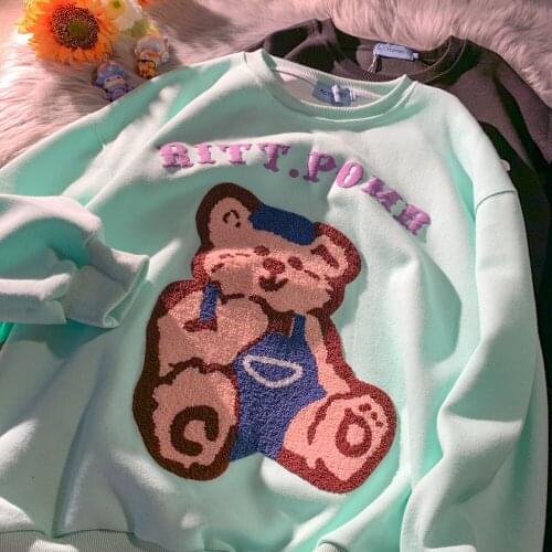 Ins Retro Funny Bear Embroidery Crewneck Sweatshirt Women Pullovers Kawaii Japanese Fashion Teens Girls Clothes 2021 Autumn New